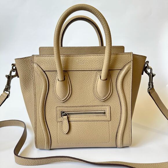 CELINE Luggage Nano Tote Bag Beige Pebbled Leather Handbag Crossbody - Picture 1 of 15